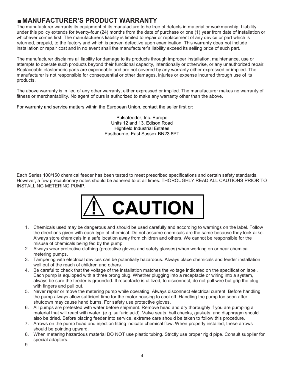 Manufacturer’s product warranty, Precautions for operation | Nova-Tech Chem-Tech Series 100D-150D User Manual | Page 3 / 16