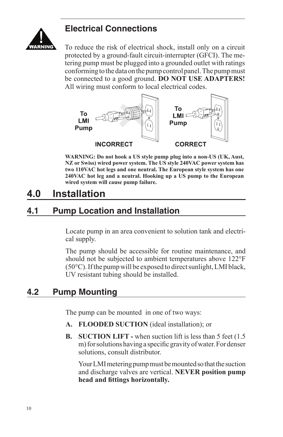 0 installation, 1 pump location and installation, 2 pump mounting | Electrical connections | Nova-Tech LMI Series AA-B-C-E-J-P Metering Pumps User Manual | Page 10 / 44