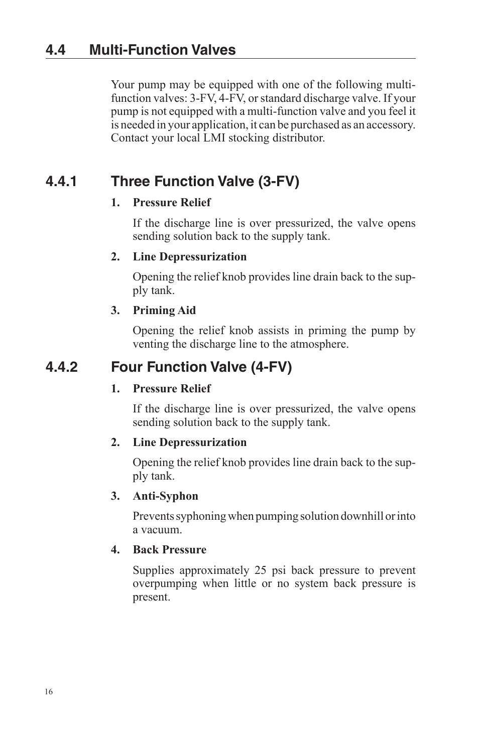 4 multi-function valves, 1 three function valve (3-fv), 2 four function valve (4-fv) | Nova-Tech LMI Series AA-B-C-E-J-P Metering Pumps User Manual | Page 16 / 44