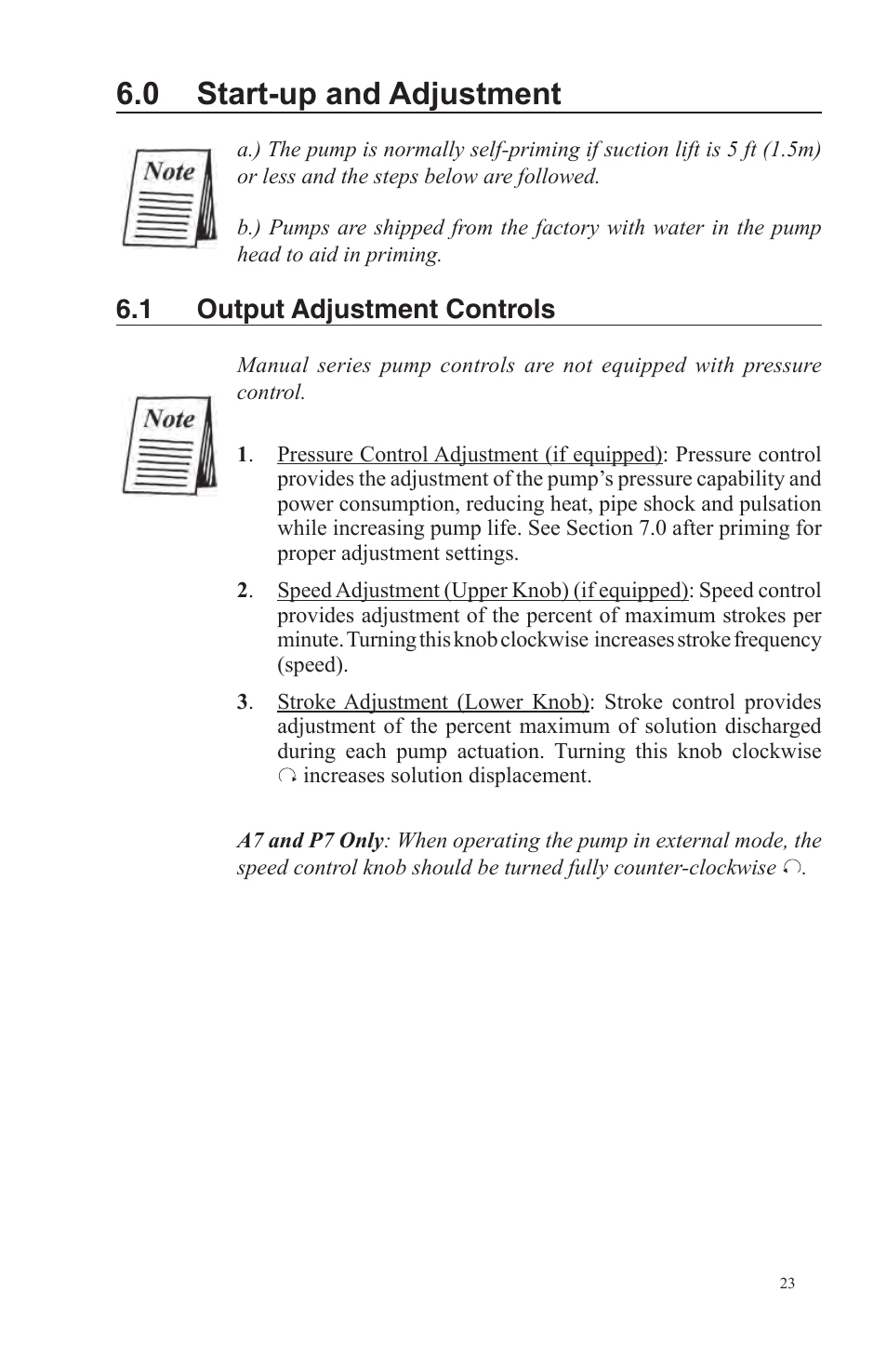 0 start-up and adjustment, 1 output adjustment controls | Nova-Tech LMI Series AA-B-C-E-J-P Metering Pumps User Manual | Page 23 / 44