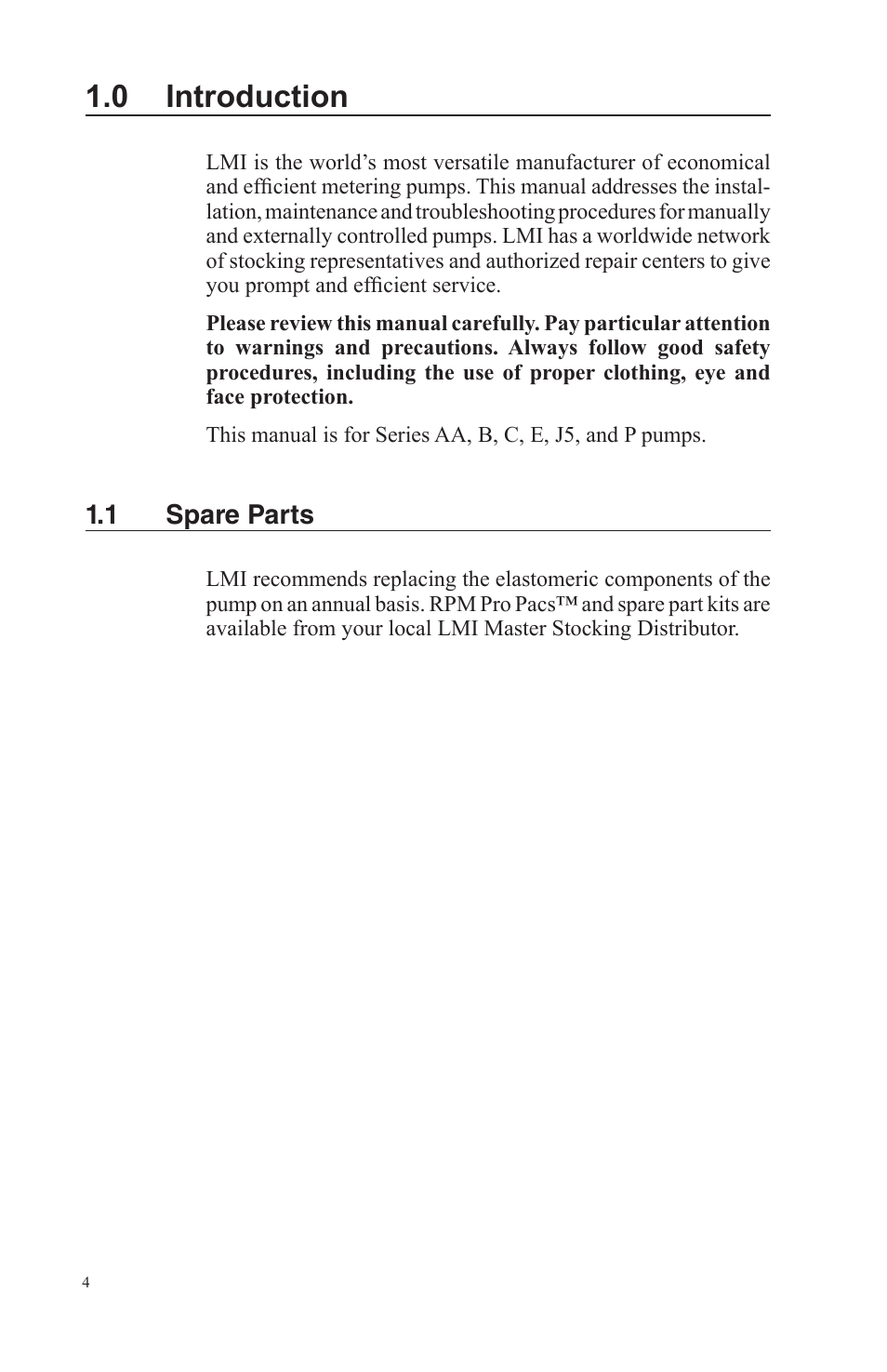 0 introduction | Nova-Tech LMI Series AA-B-C-E-J-P Metering Pumps User Manual | Page 4 / 44