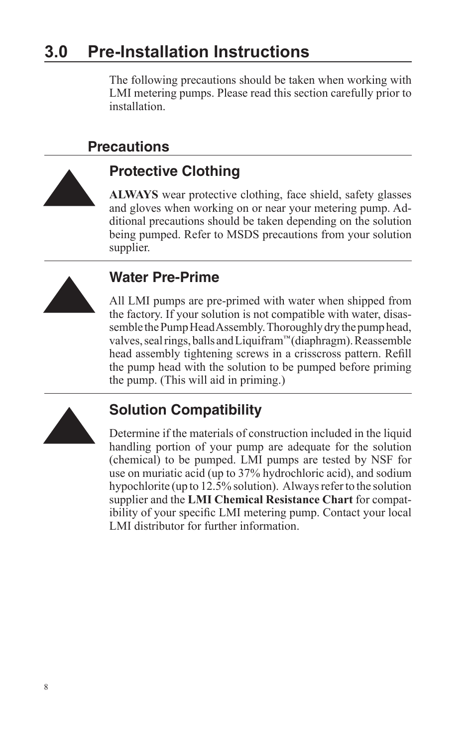 0 pre-installation instructions | Nova-Tech LMI Series AA-B-C-E-J-P Metering Pumps User Manual | Page 8 / 44