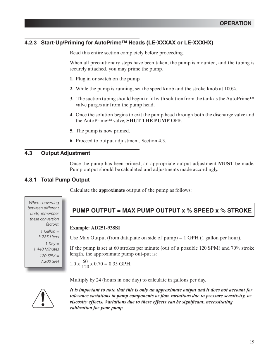 Pump output = max pump output x % speed x % stroke | Nova-Tech LMI Roytronic Excel Series AD Metering Pump User Manual | Page 19 / 44