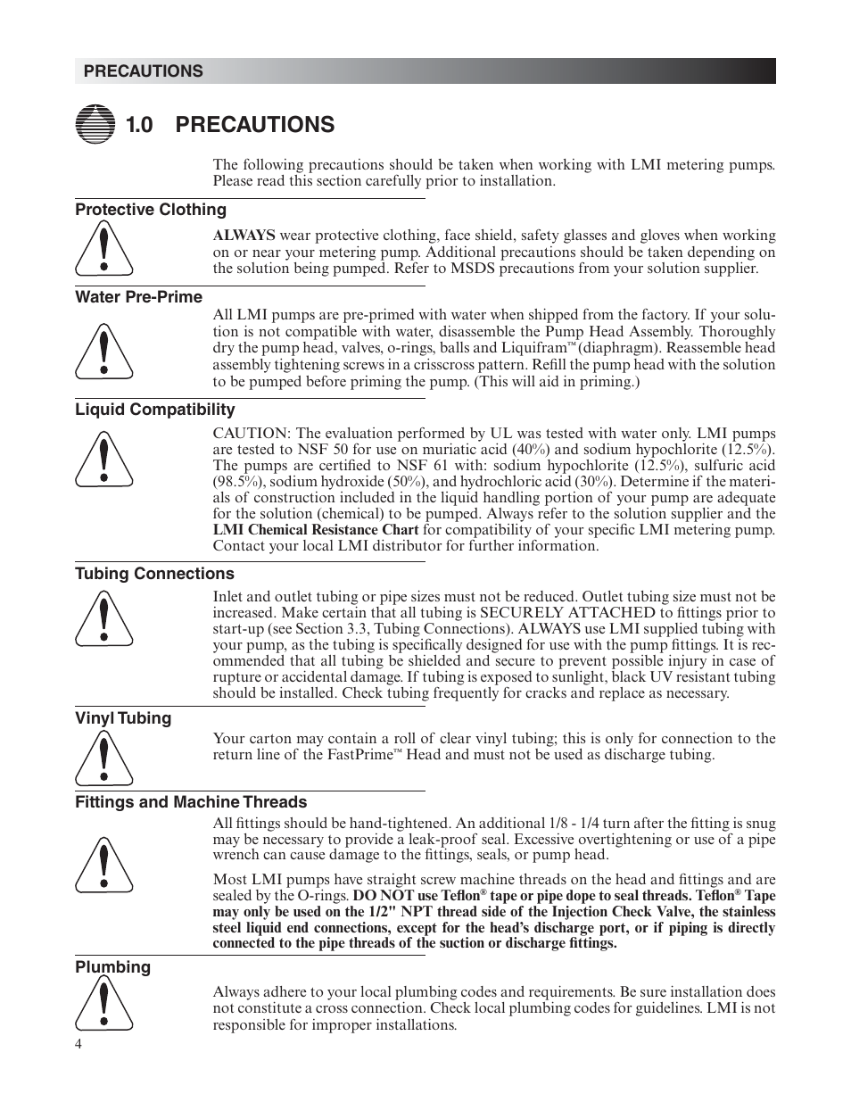 0 precautions | Nova-Tech LMI Roytronic Excel Series AD Metering Pump User Manual | Page 4 / 44