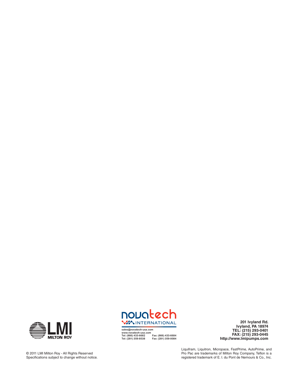 Nova-Tech LMI Roytronic Excel Series AD Metering Pump User Manual | Page 44 / 44