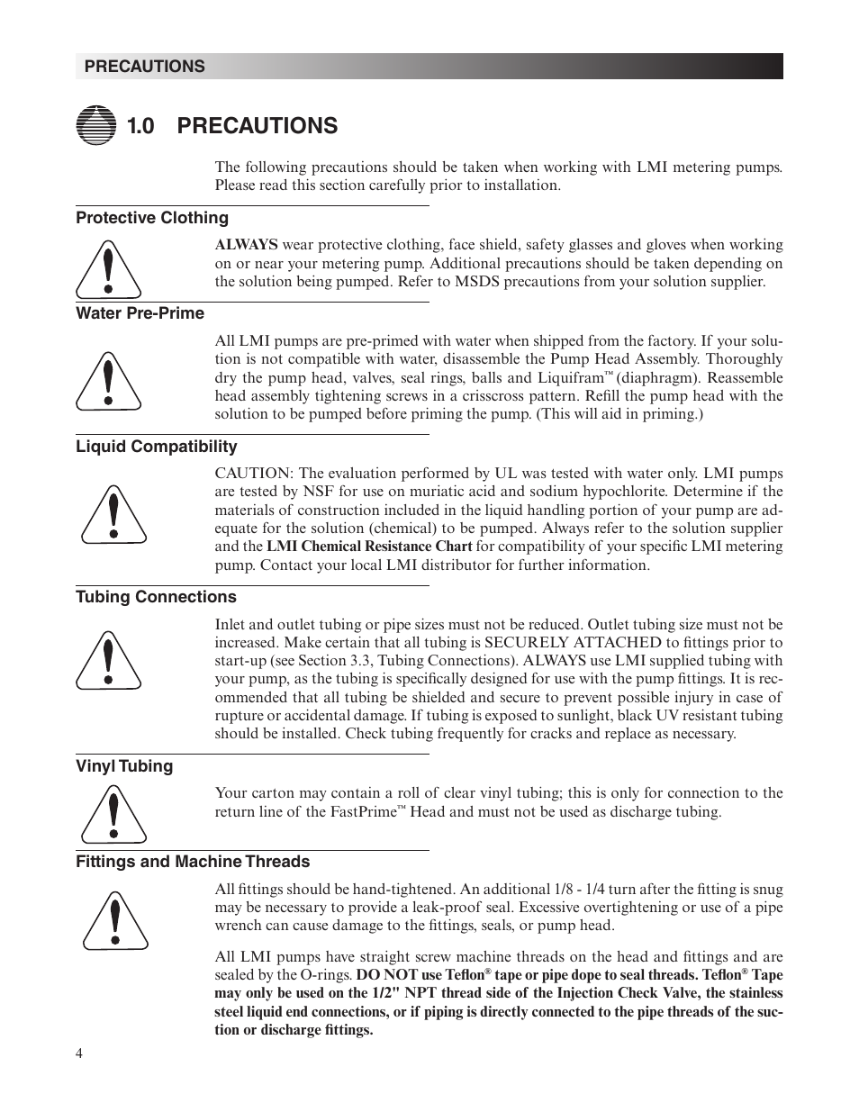 0 precautions | Nova-Tech LMI Roytronic Series A Metering Pump User Manual | Page 4 / 40