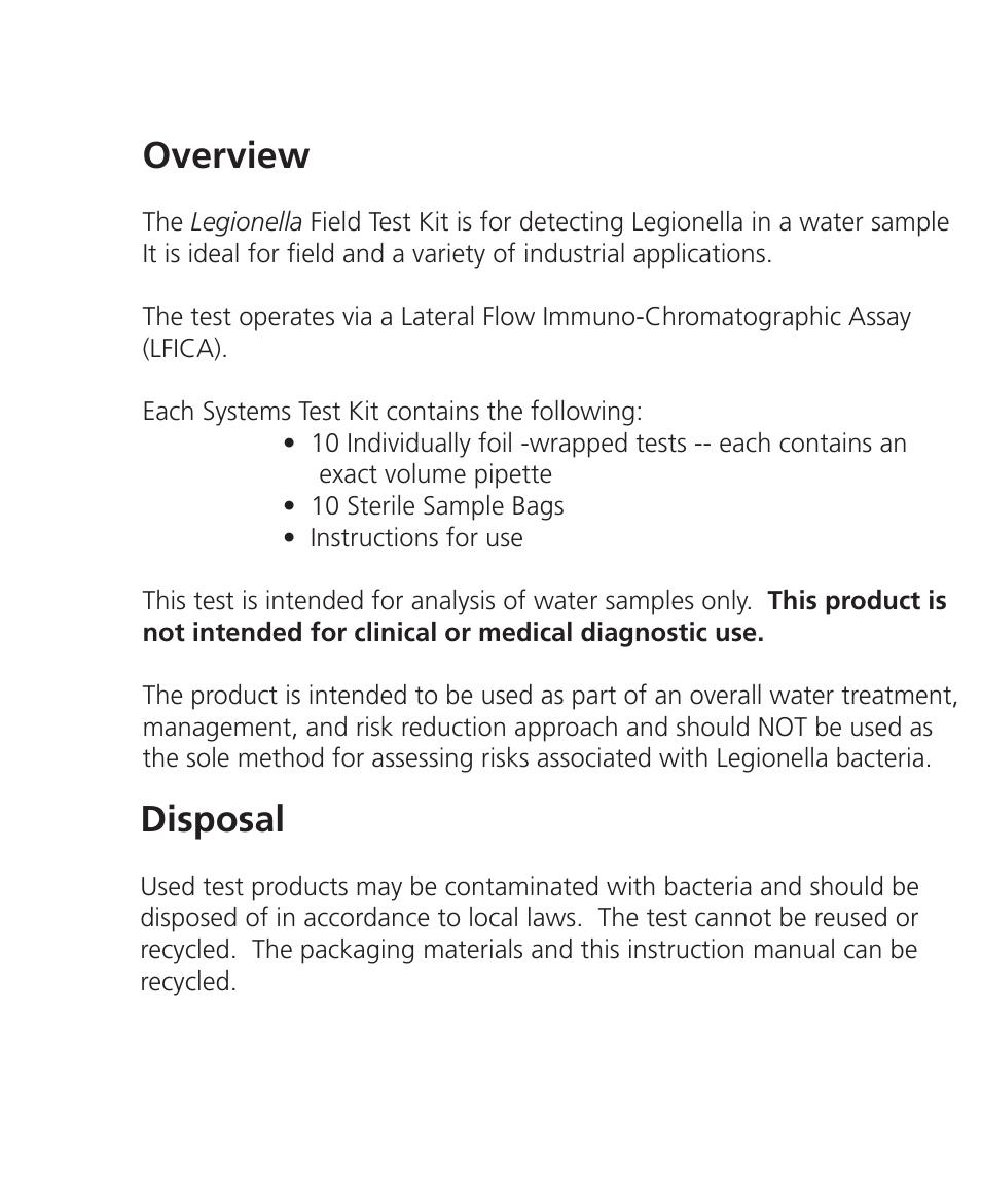 Field test kit, Overview, Test operating limits | Disposal, Storage | Nova-Tech Orbeco-Hellige Legionella Field Test Kit User Manual | Page 2 / 8