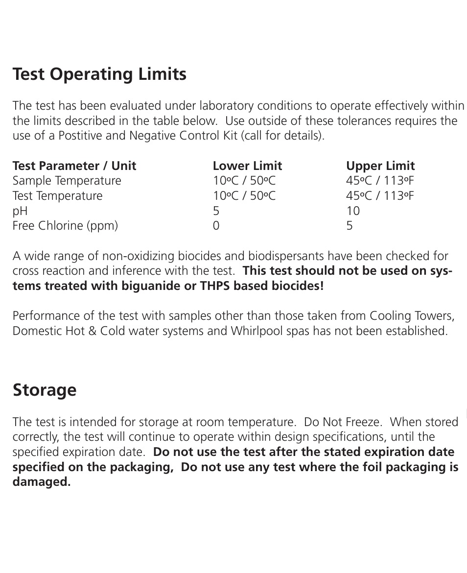 Field test kit, Overview, Test operating limits | Disposal, Storage | Nova-Tech Orbeco-Hellige Legionella Field Test Kit User Manual | Page 3 / 8