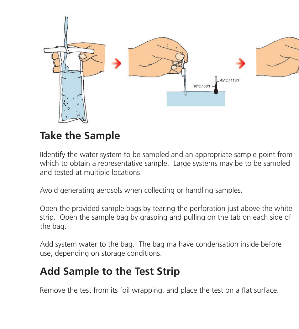 Interpreting the results, Specificity, Take the sample | Limit of detection, Add sample to the test strip, Read the test strip | Nova-Tech Orbeco-Hellige Legionella Field Test Kit User Manual | Page 4 / 8