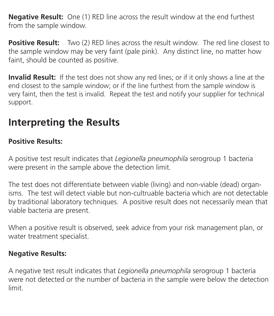 Interpreting the results, Specificity, Take the sample | Limit of detection, Add sample to the test strip, Read the test strip | Nova-Tech Orbeco-Hellige Legionella Field Test Kit User Manual | Page 6 / 8