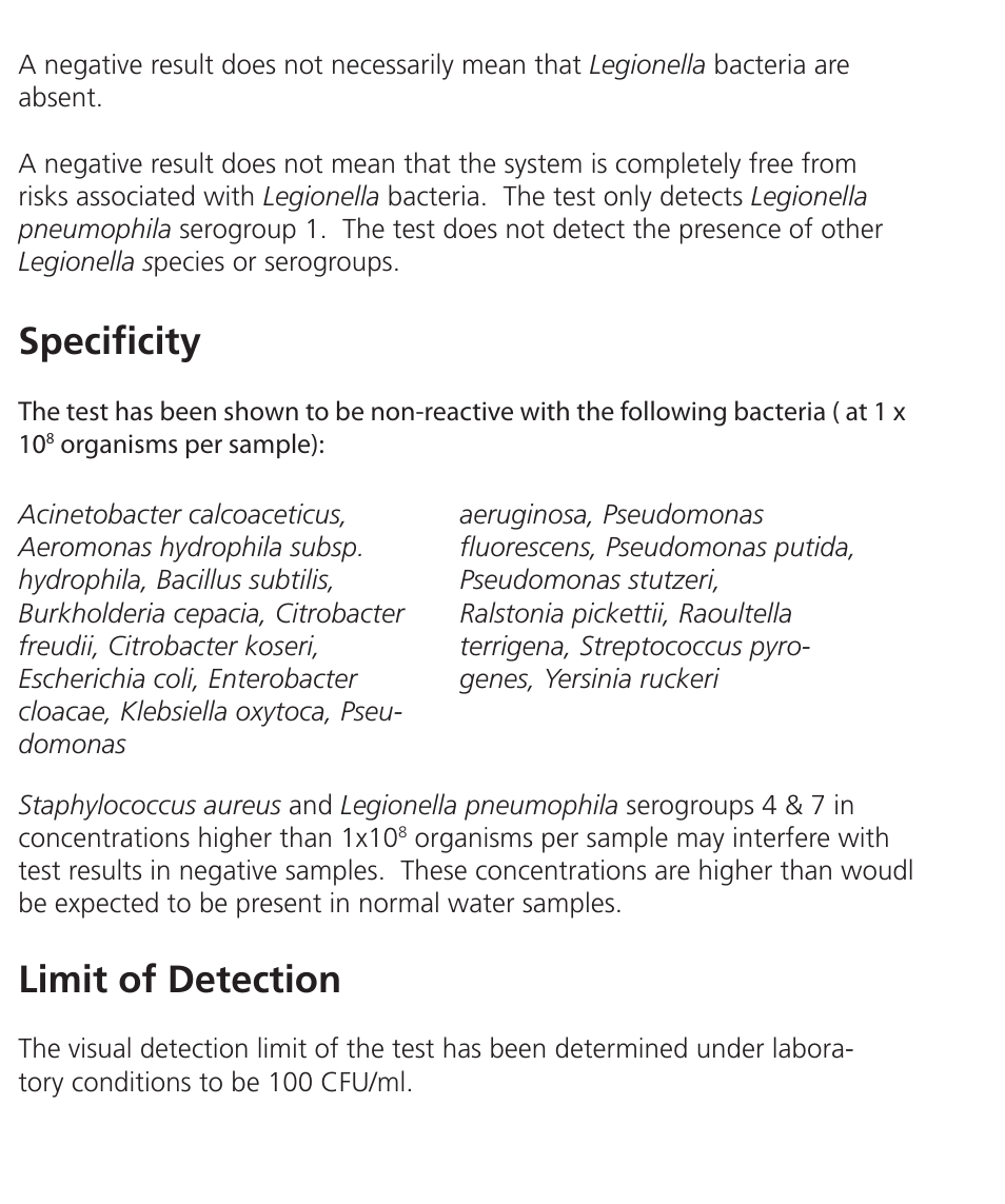Interpreting the results, Specificity, Take the sample | Limit of detection, Add sample to the test strip, Read the test strip | Nova-Tech Orbeco-Hellige Legionella Field Test Kit User Manual | Page 7 / 8
