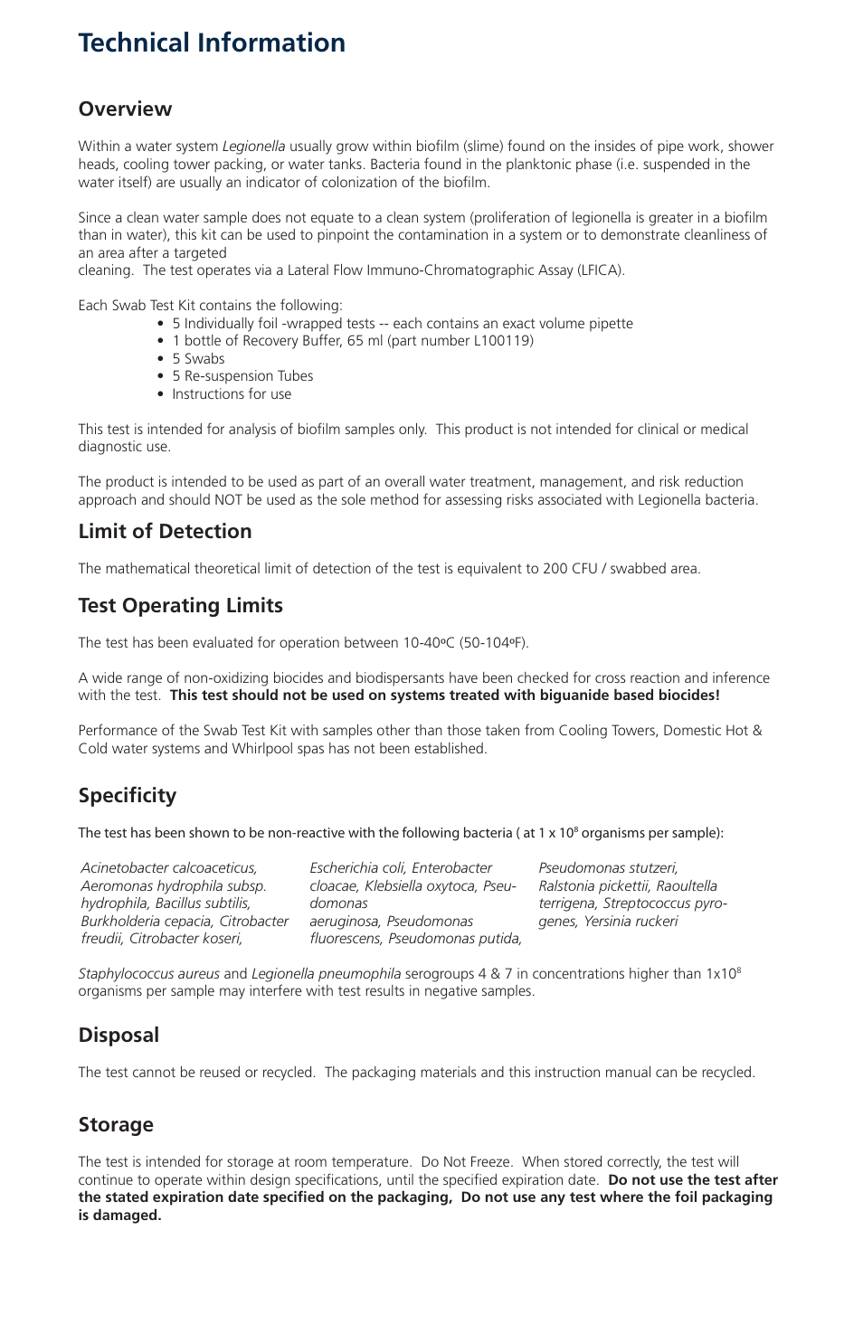 Technical information, Overview, Limit of detection | Test operating limits, Disposal, Storage, Specificity | Nova-Tech Orbeco-Hellige Legionella Swab Test Kit User Manual | Page 2 / 4