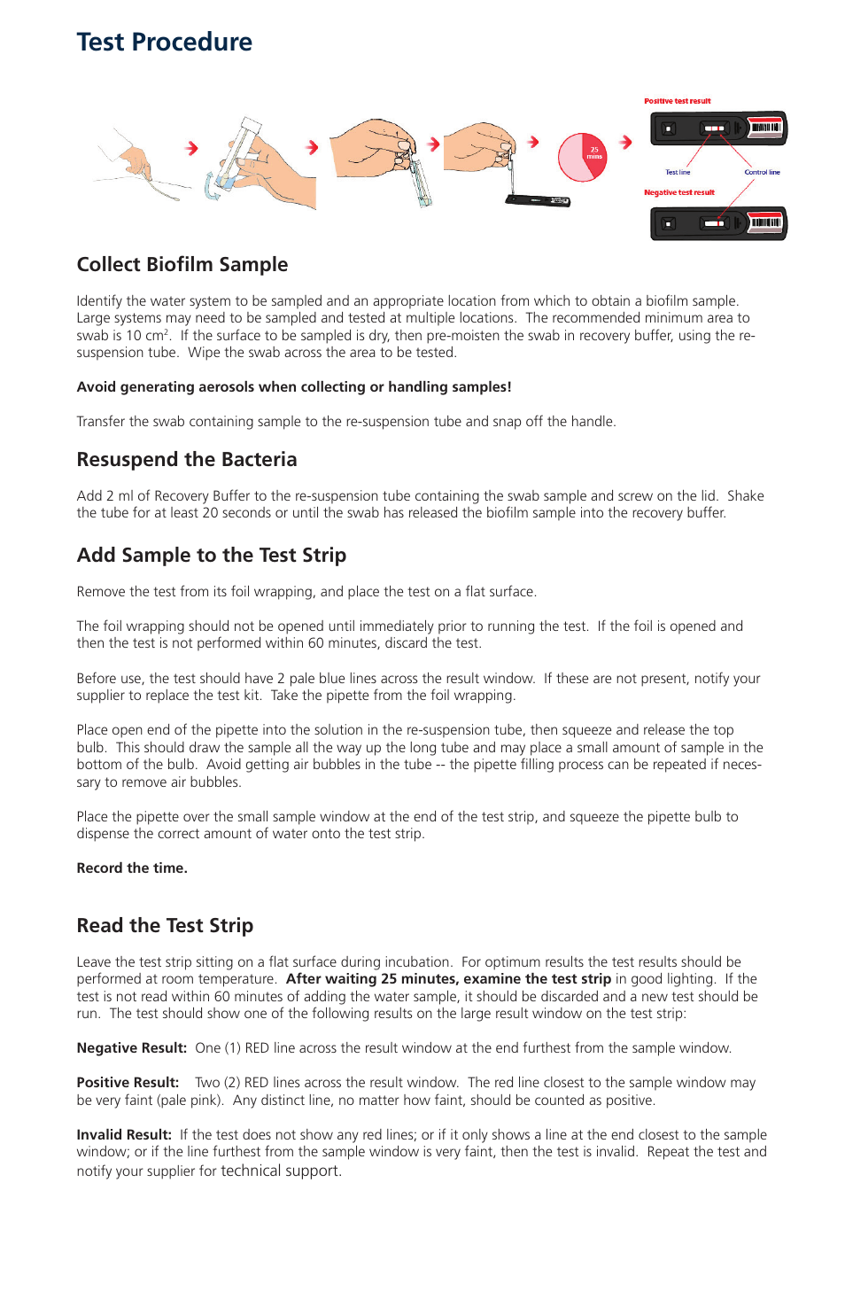 Test procedure, Collect biofilm sample, Resuspend the bacteria | Add sample to the test strip, Read the test strip | Nova-Tech Orbeco-Hellige Legionella Swab Test Kit User Manual | Page 3 / 4