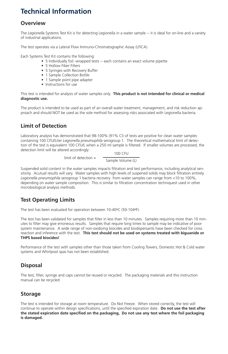 Technical information, Overview, Test operating limits | Disposal, Storage, Limit of detection | Nova-Tech Orbeco-Hellige Legionella Systems Test Kit User Manual | Page 2 / 4
