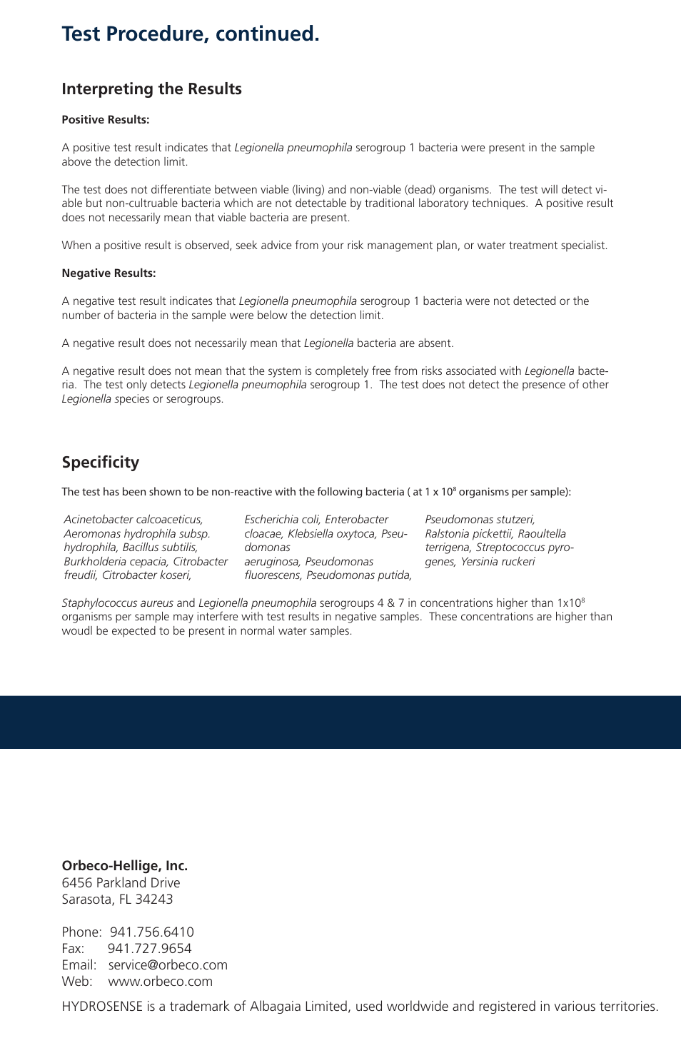 Test procedure, continued, Interpreting the results, Specificity | Nova-Tech Orbeco-Hellige Legionella Systems Test Kit User Manual | Page 4 / 4