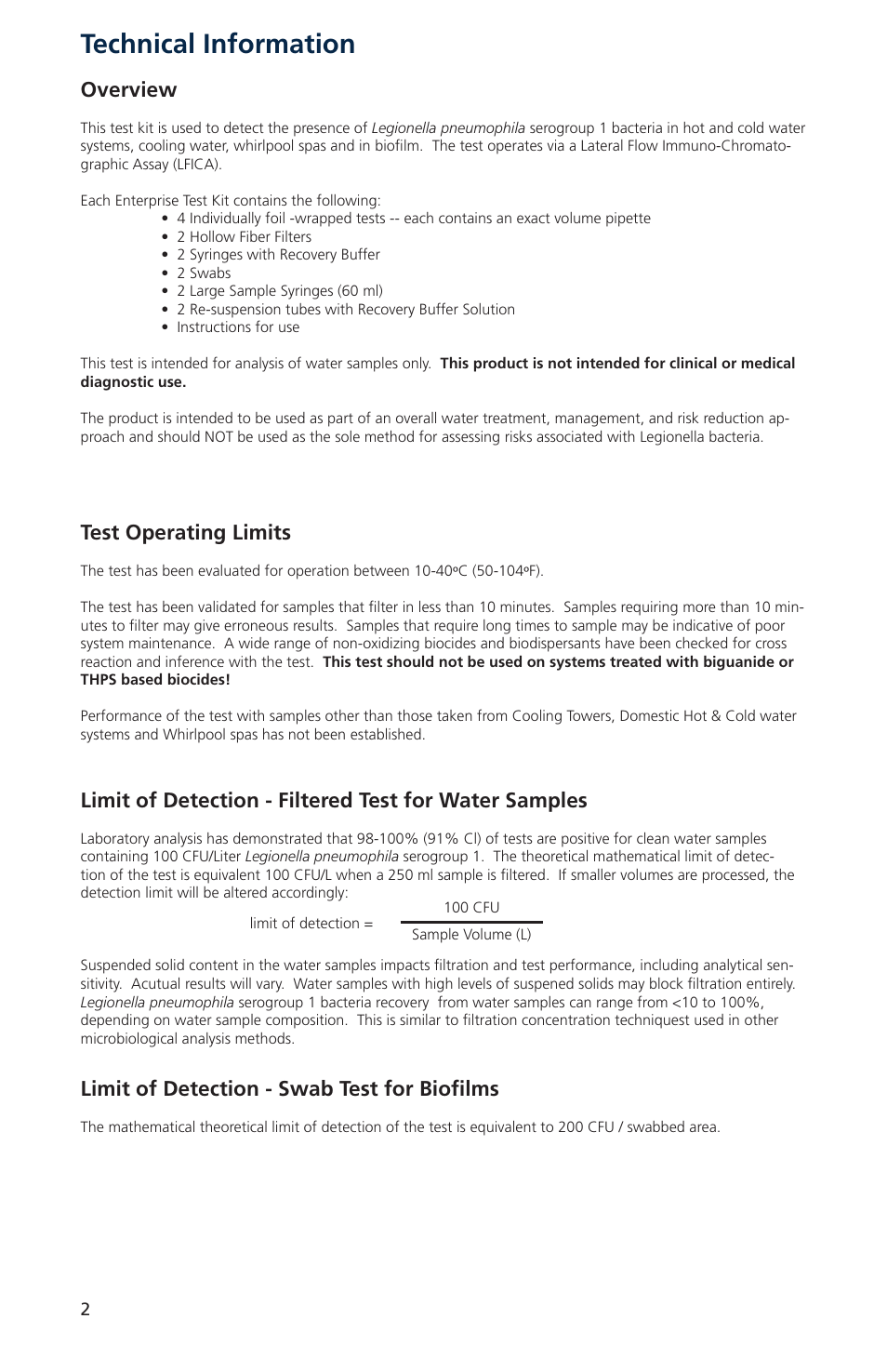 Technical information, Overview, Test operating limits | Limit of detection - swab test for biofilms | Nova-Tech Orbeco-Hellige Legionella Enterprise Test Kit User Manual | Page 2 / 8