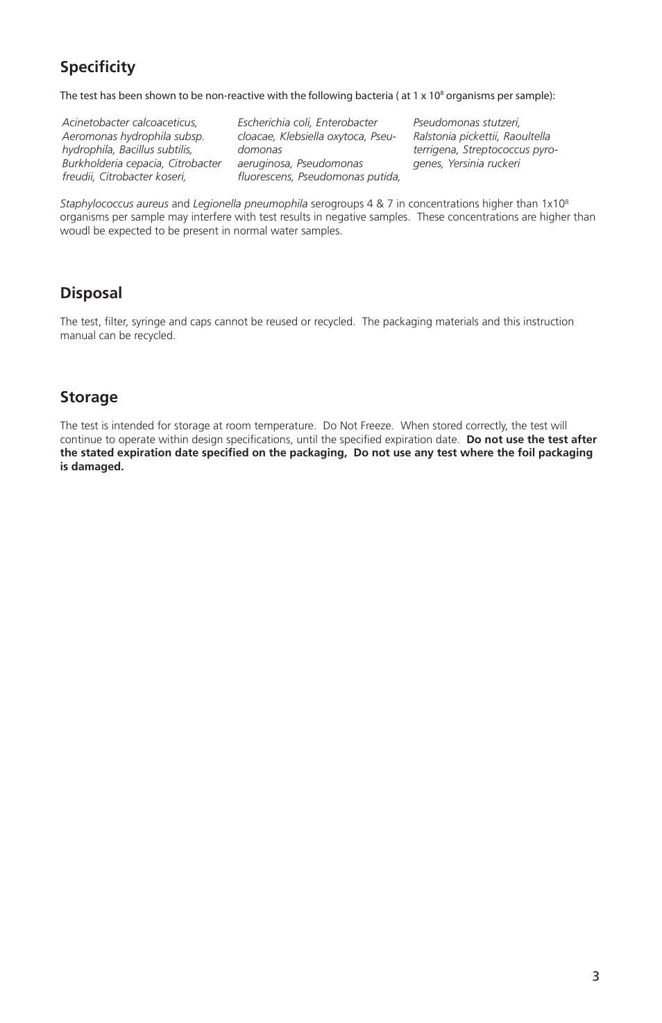 Disposal, Storage, Specificity | Nova-Tech Orbeco-Hellige Legionella Enterprise Test Kit User Manual | Page 3 / 8