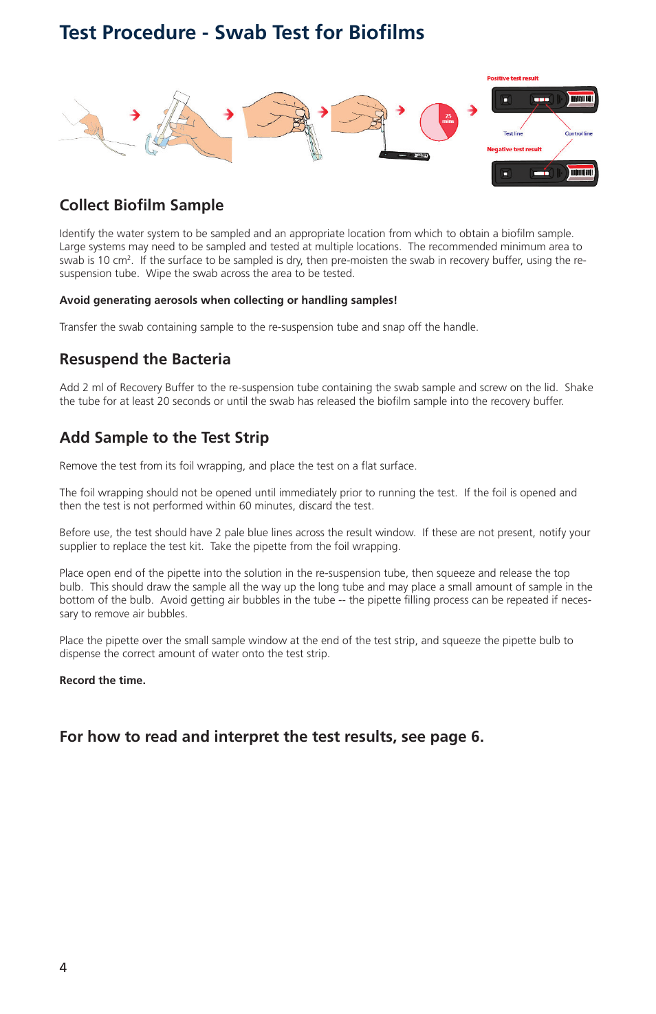Test procedure - swab test for biofilms, Collect biofilm sample, Resuspend the bacteria | Add sample to the test strip | Nova-Tech Orbeco-Hellige Legionella Enterprise Test Kit User Manual | Page 4 / 8