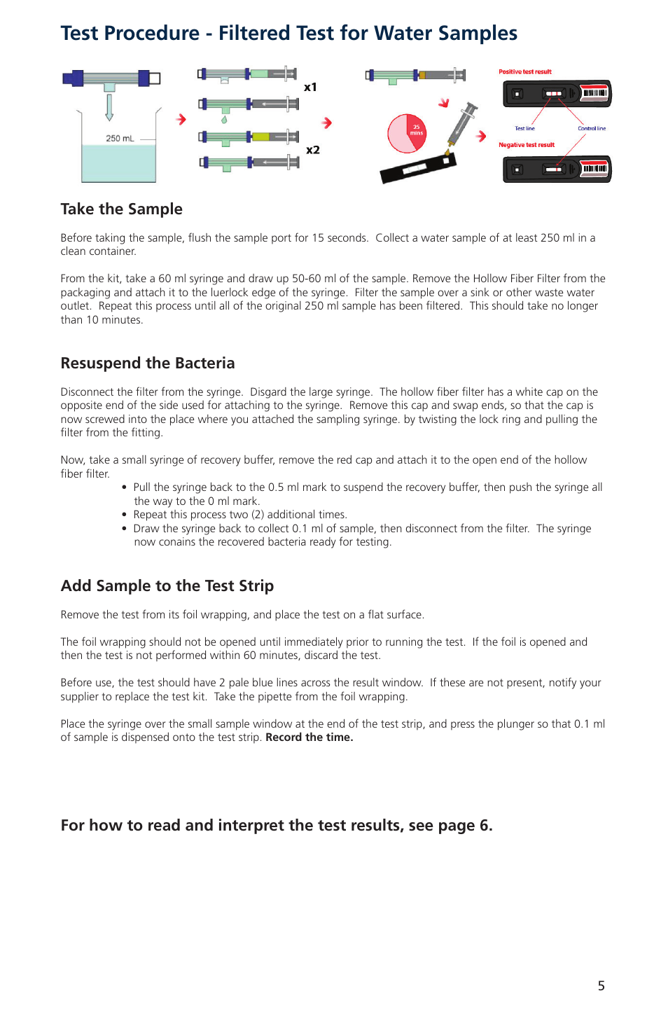 Test procedure - filtered test for water samples, Resuspend the bacteria, Add sample to the test strip | Take the sample | Nova-Tech Orbeco-Hellige Legionella Enterprise Test Kit User Manual | Page 5 / 8