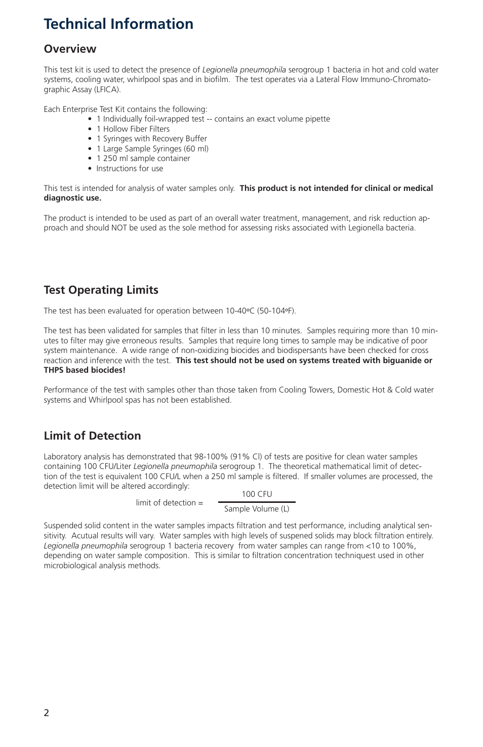 Technical information, Overview, Test operating limits | Limit of detection | Nova-Tech Orbeco-Hellige Legionella Single Test Kit User Manual | Page 2 / 8