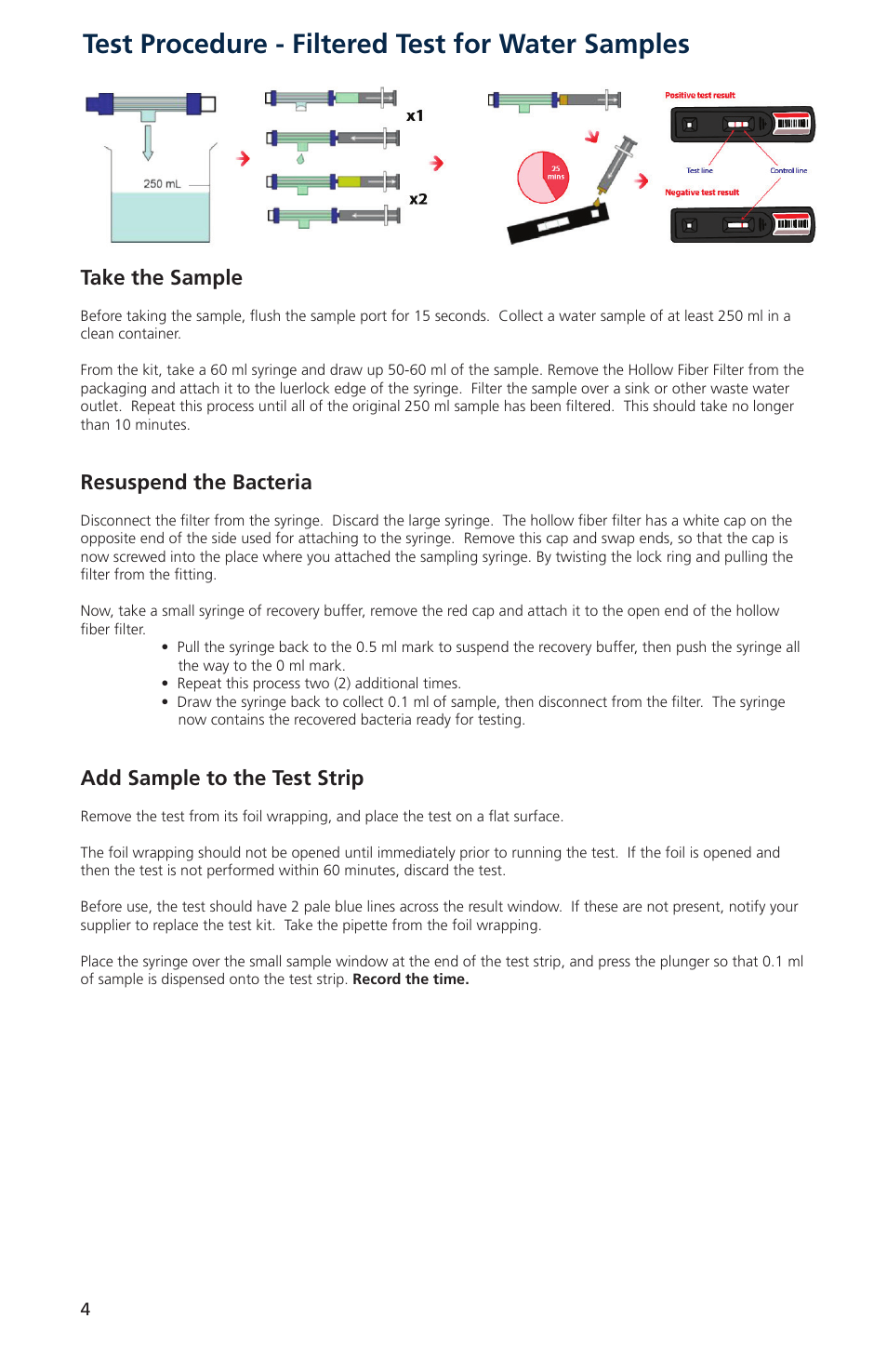 Test procedure - filtered test for water samples, Resuspend the bacteria, Add sample to the test strip | Take the sample | Nova-Tech Orbeco-Hellige Legionella Single Test Kit User Manual | Page 4 / 8