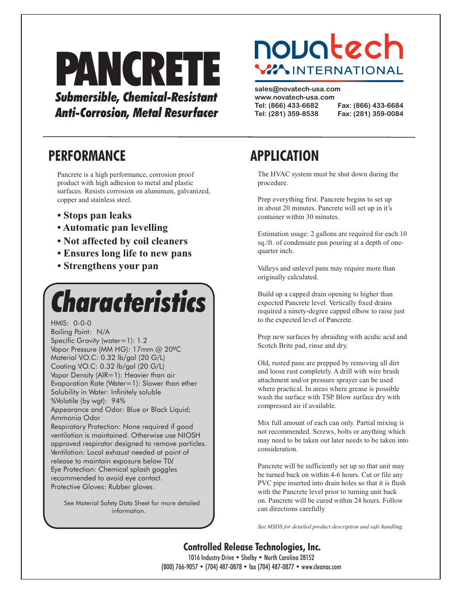 Data, Pancrete, Characteristics | Application performance | Nova-Tech CRT Pancrete User Manual | Page 2 / 2