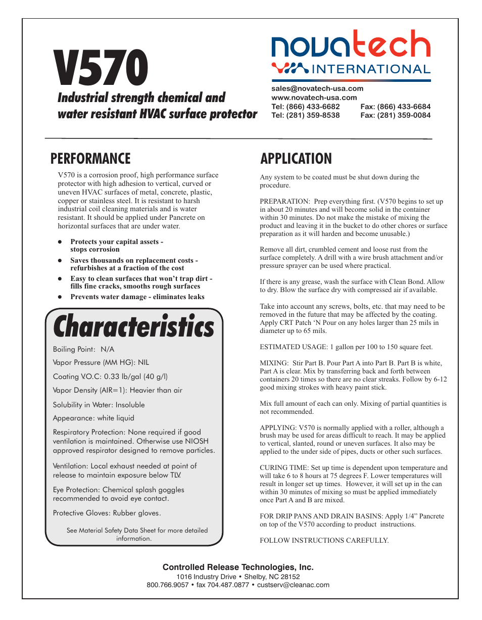 Data, V570, Characteristics | Application performance | Nova-Tech CRT V570 User Manual | Page 2 / 2