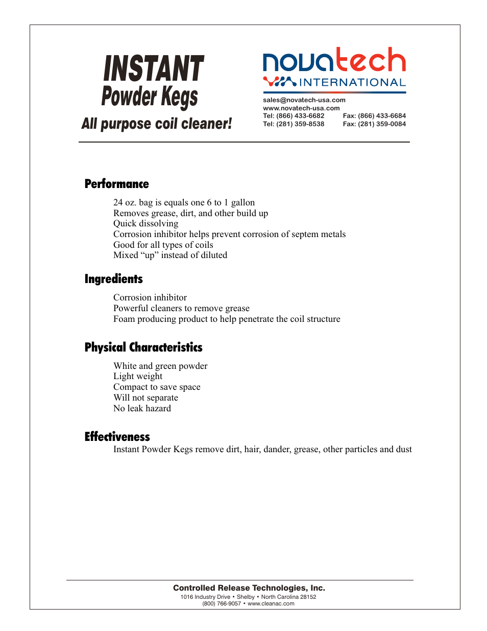 Data, Instant, Powder kegs | All purpose coil cleaner | Nova-Tech CRT Instant Powder Kegs User Manual | Page 2 / 2