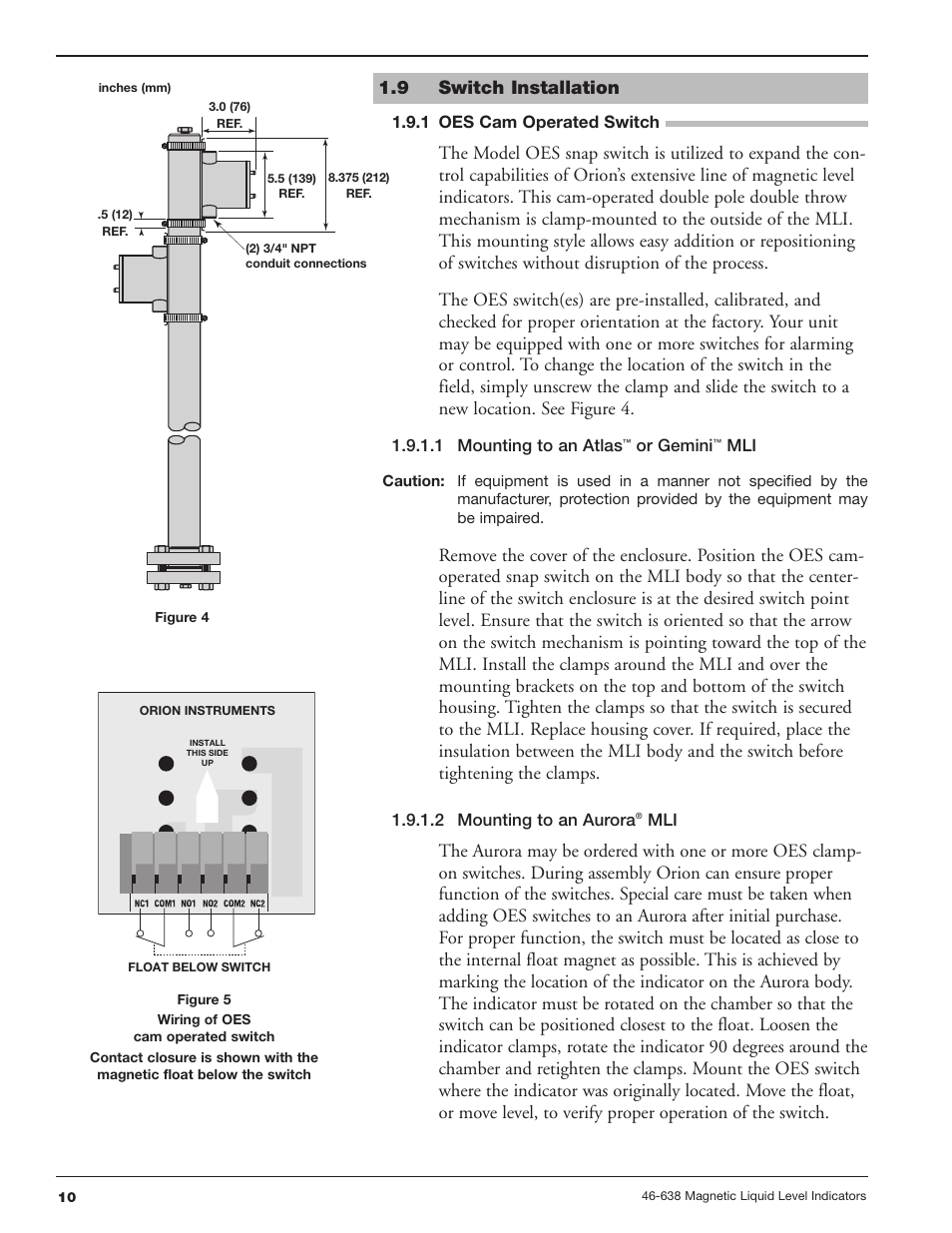 9 switch installation, 1 oes cam operated switch, 1 mounting to an atlas™ or gemini™ mli | 2 mounting to an aurora® mli | Orion Instruments Atlas User Manual | Page 10 / 20