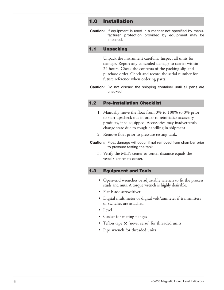 0 installation, 1 unpacking, 2 pre-installation checklist | 3 equipment and tools | Orion Instruments Atlas User Manual | Page 4 / 20