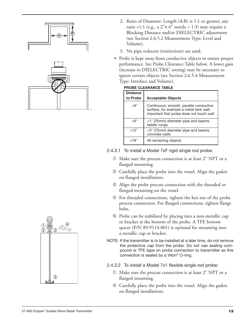 1 to install a model 7xf rigid single rod probe, 2 to install a model 7x1 flexible single rod probe | Orion Instruments Eclipse 705 User Manual | Page 13 / 68