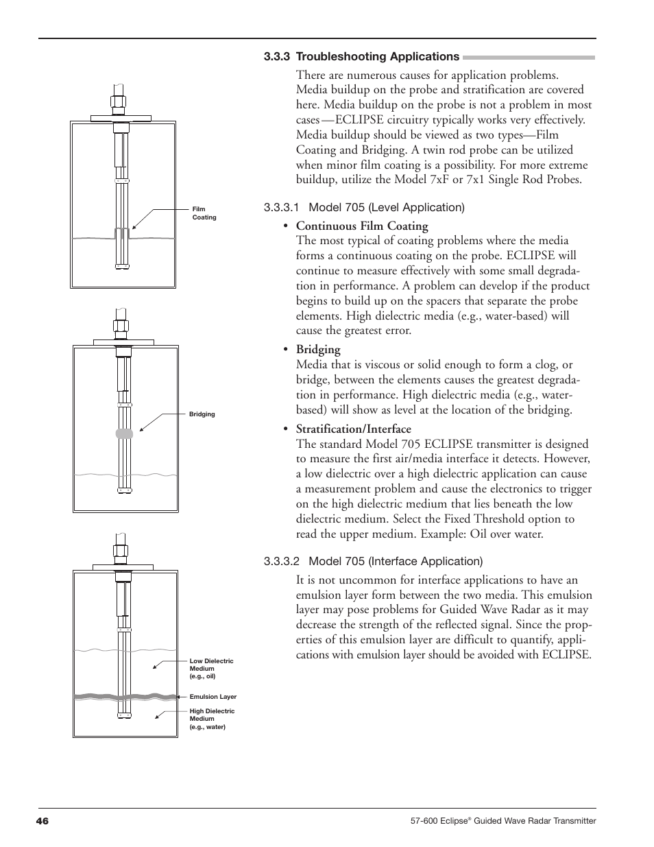 3 troubleshooting applications, 1 model 705 (level application), 2 model 705 (interface application) | Orion Instruments Eclipse 705 User Manual | Page 46 / 68