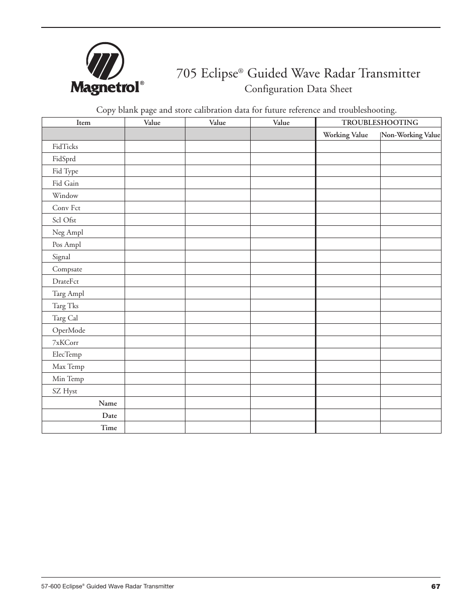 705 eclipse, Guided wave radar transmitter, Configuration data sheet | Orion Instruments Eclipse 705 User Manual | Page 67 / 68