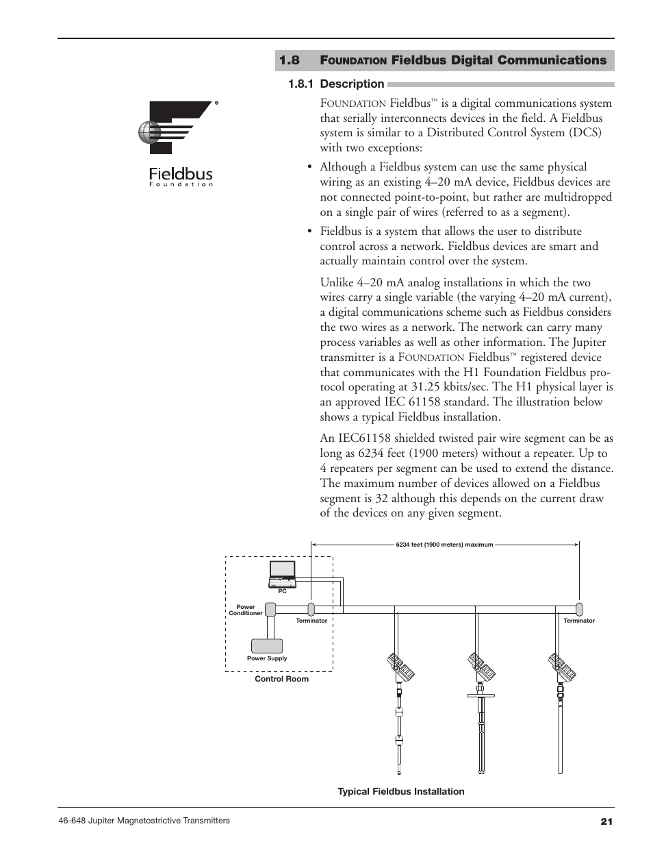 8 foundation fieldbus digital communications, 1 description, Fieldbus digital communications | Fieldbus | Orion Instruments Jupiter 2xx User Manual | Page 21 / 40