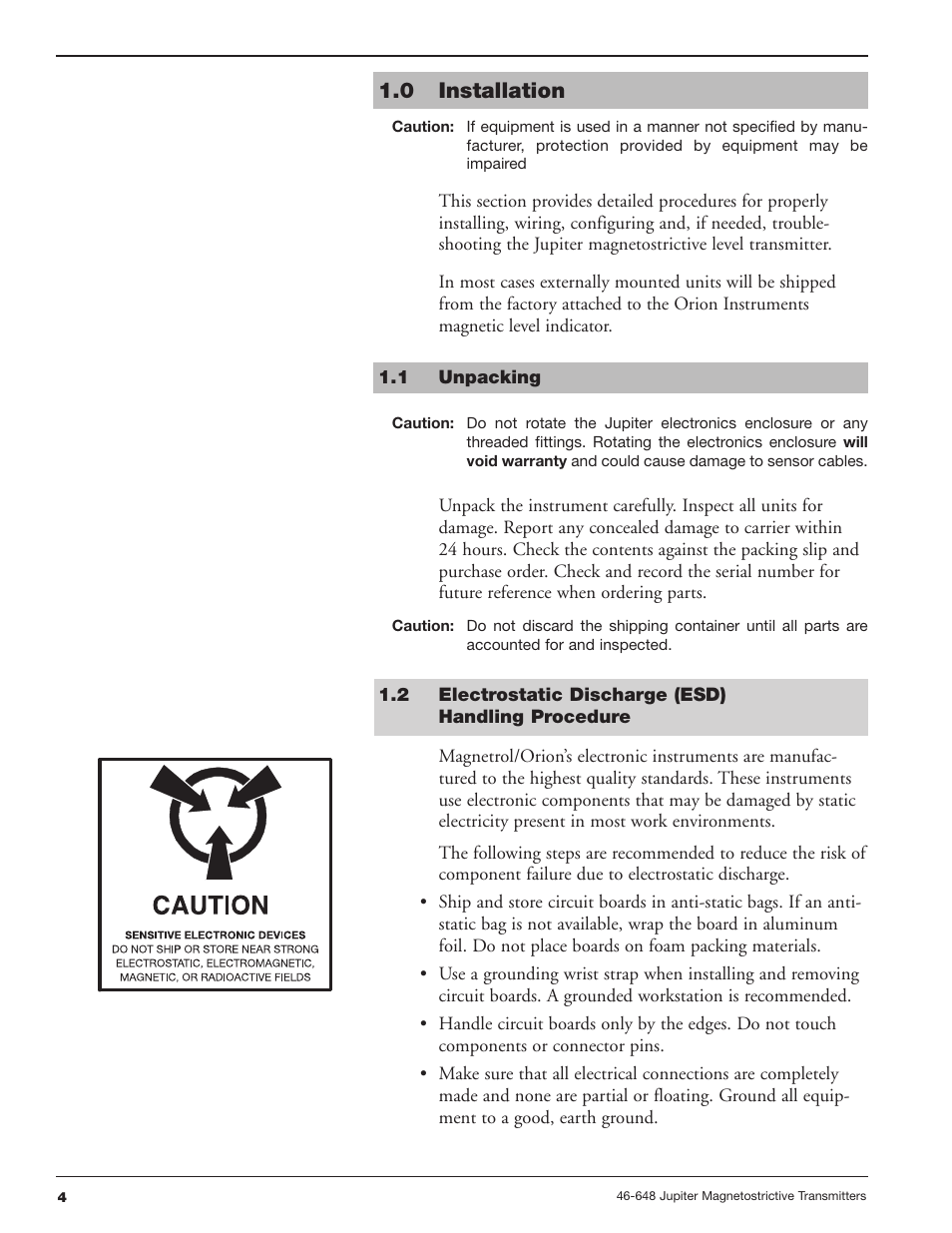 0 installation, 1 unpacking, 2 electrostatic discharge (esd)handling procedure | Orion Instruments Jupiter 2xx User Manual | Page 4 / 40