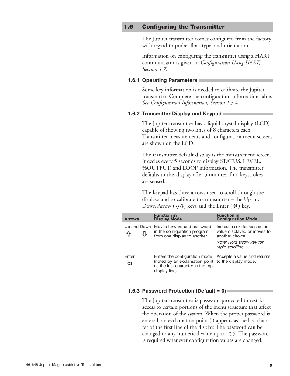 6 configuring the transmitter, 1 operating parameters, 2 transmitter display and keypad | 3 password protection (default = 0) | Orion Instruments Jupiter 2xx User Manual | Page 9 / 40