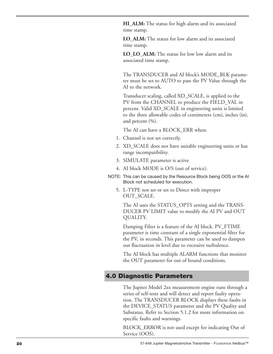 0 diagnostic parameters | Orion Instruments Jupiter 2xx FOUNDATION Fieldbus User Manual | Page 20 / 32