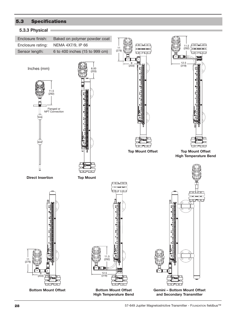 3 physical, 3 specifications, Inches (mm) | Orion Instruments Jupiter 2xx FOUNDATION Fieldbus User Manual | Page 28 / 32