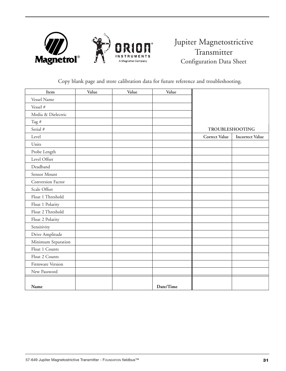 Jupiter magnetostrictive transmitter, Configuration data sheet | Orion Instruments Jupiter 2xx FOUNDATION Fieldbus User Manual | Page 31 / 32