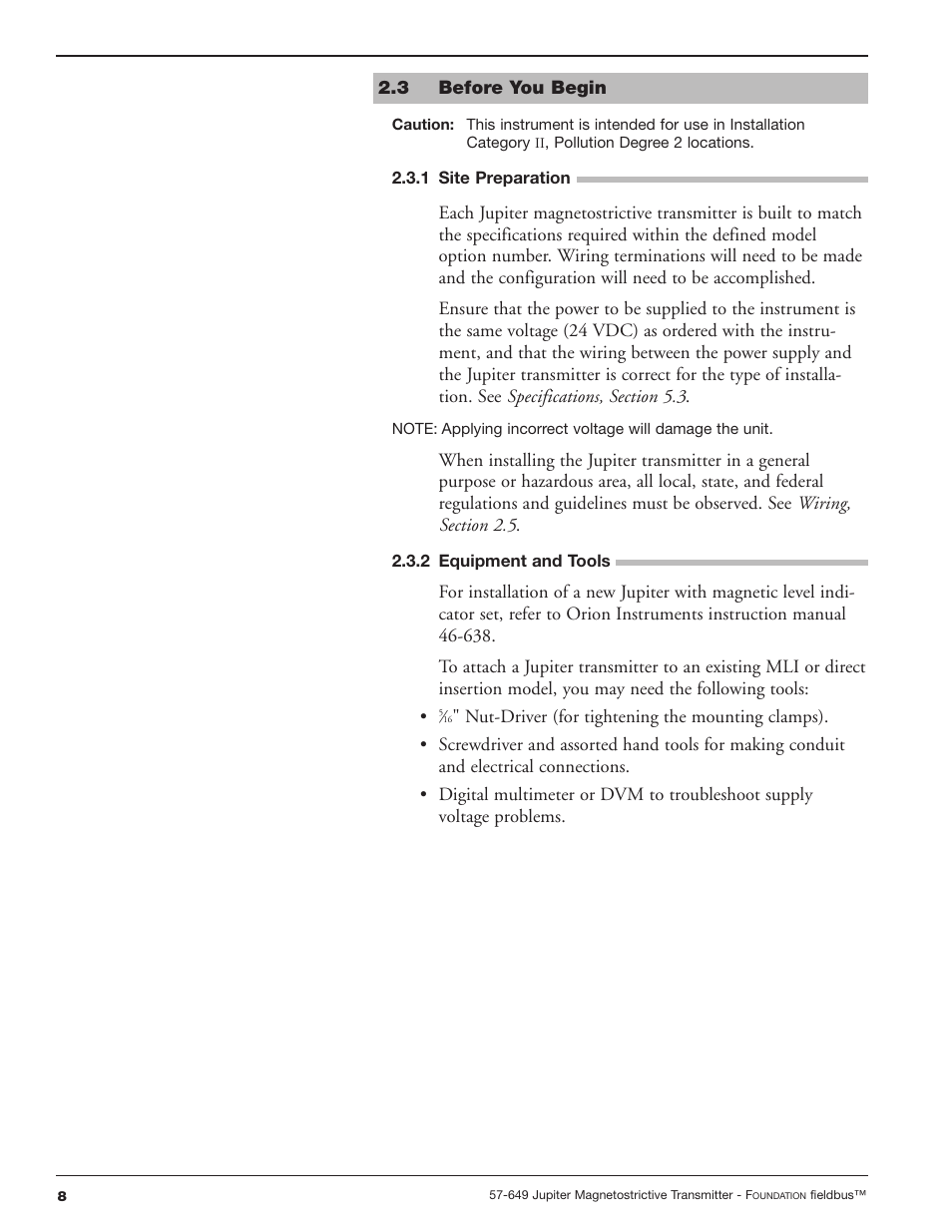 3 before you begin, 1 site preparation, 2 equipment and tools | Orion Instruments Jupiter 2xx FOUNDATION Fieldbus User Manual | Page 8 / 32