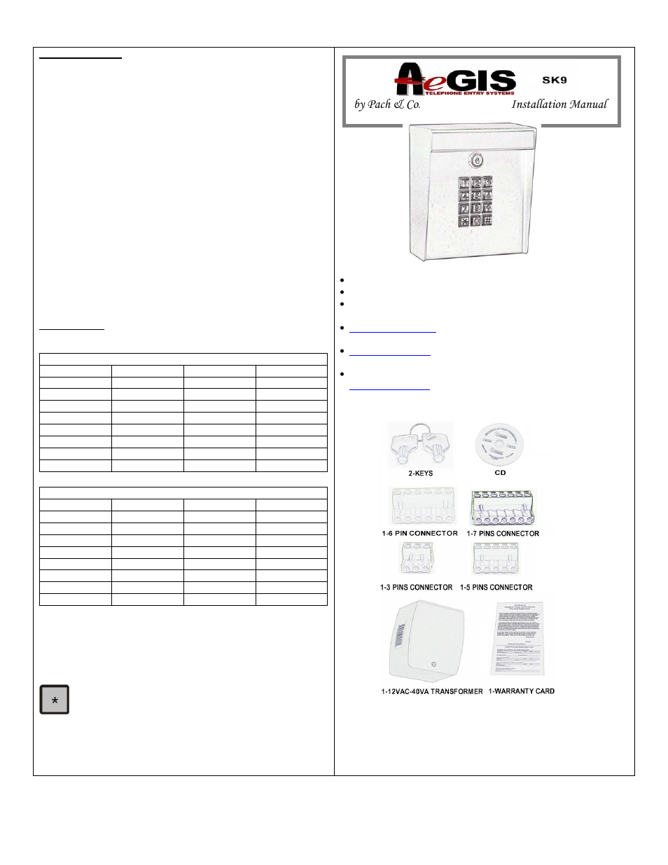 Pach and Company AeGIS SK9 User Manual | 2 pages