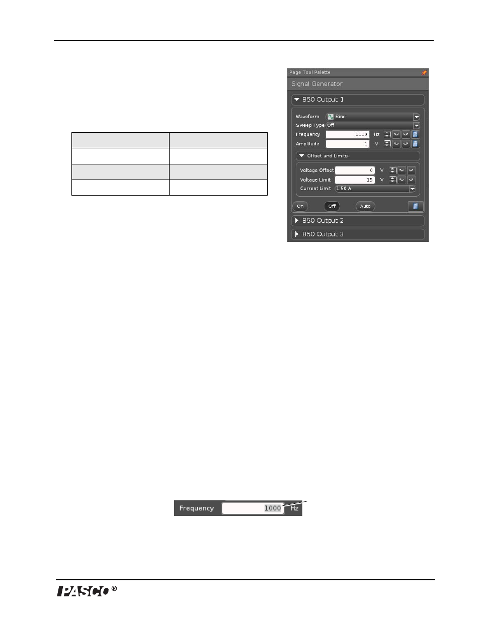 B. signal generator controls: 850 output 1, Adjusting the signal generator controls, Method #1 | PASCO UI-5000 850 Universal Interface Instruction Manual User Manual | Page 13 / 24