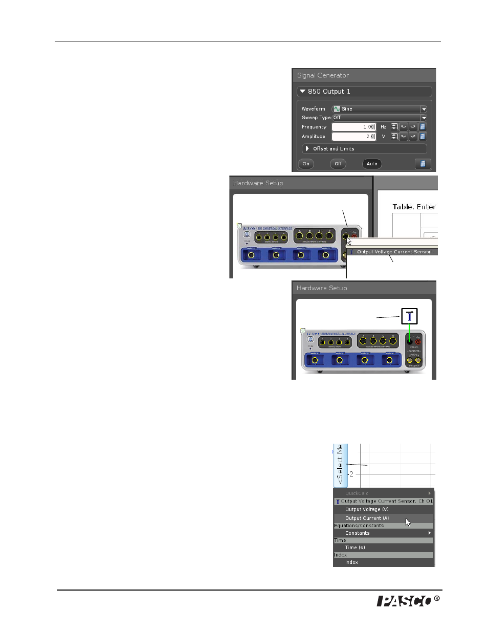 D. set up an example output signal, E. view the output signal in a capstone display | PASCO UI-5000 850 Universal Interface Instruction Manual User Manual | Page 16 / 24