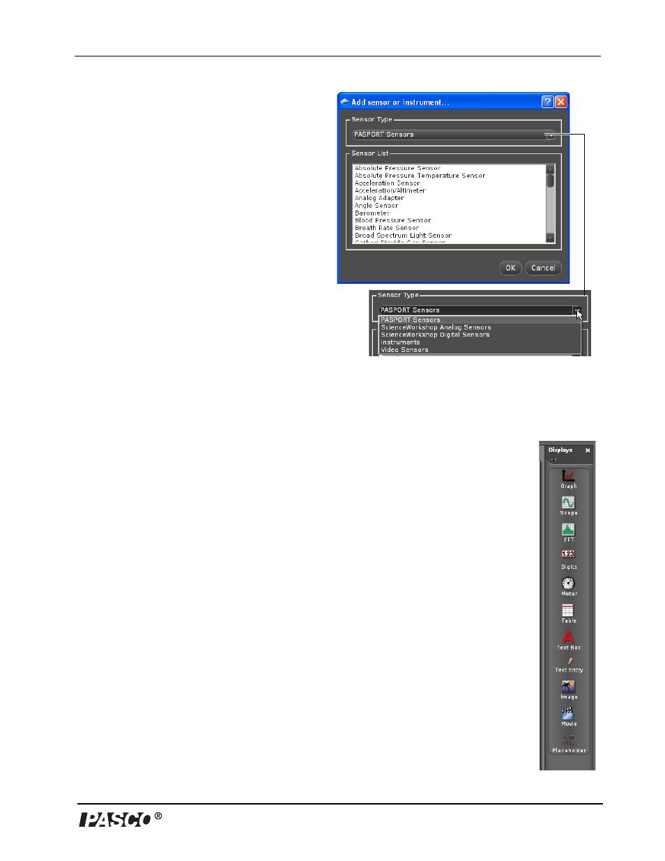 B. displays | PASCO UI-5000 850 Universal Interface Instruction Manual User Manual | Page 9 / 24