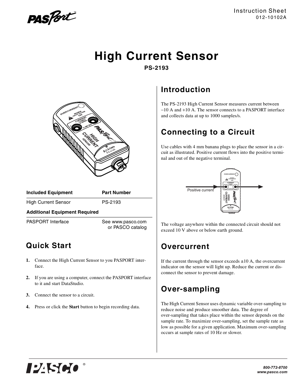 PASCO PS-2193 High Current Sensor User Manual | 2 pages