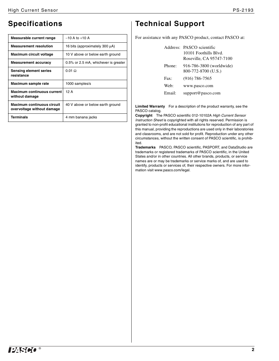 Specifications technical support | PASCO PS-2193 High Current Sensor User Manual | Page 2 / 2