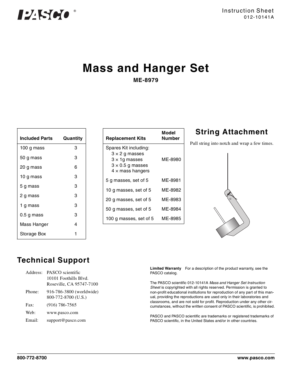 PASCO ME-8979 Mass and Hanger Set User Manual | 1 page