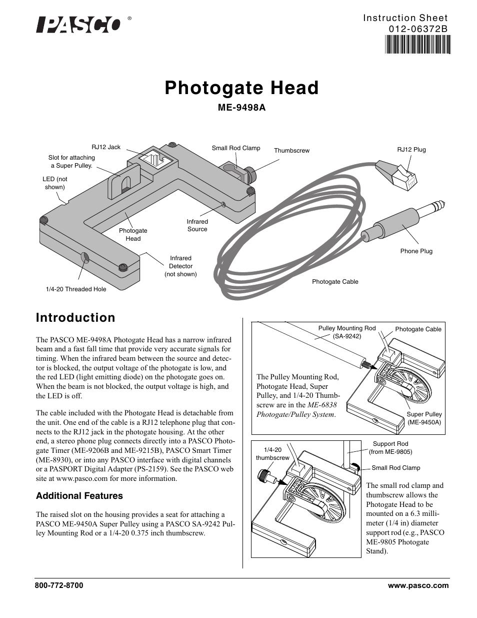 PASCO ME-9498A Photogate Head User Manual | 3 pages