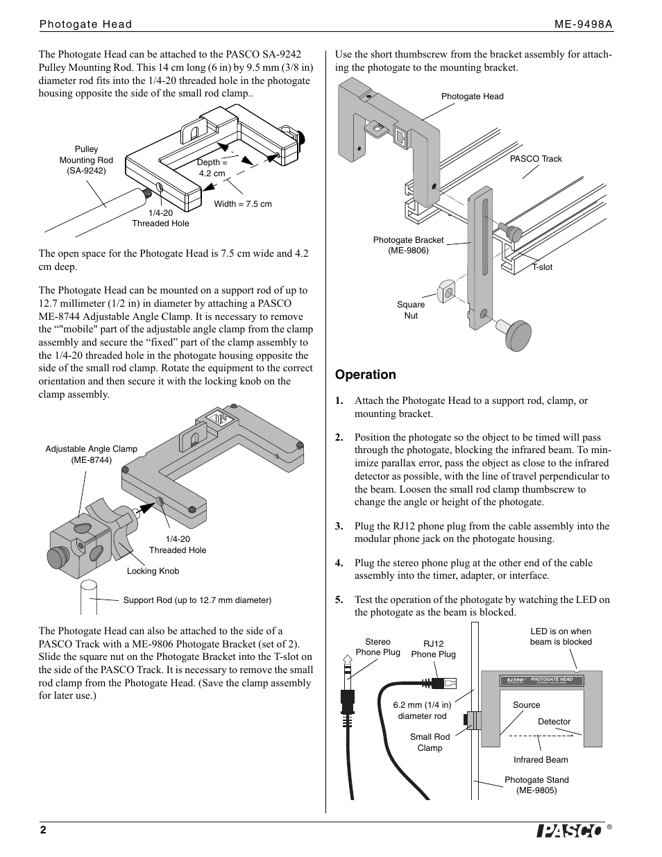 Operation | PASCO ME-9498A Photogate Head User Manual | Page 2 / 3