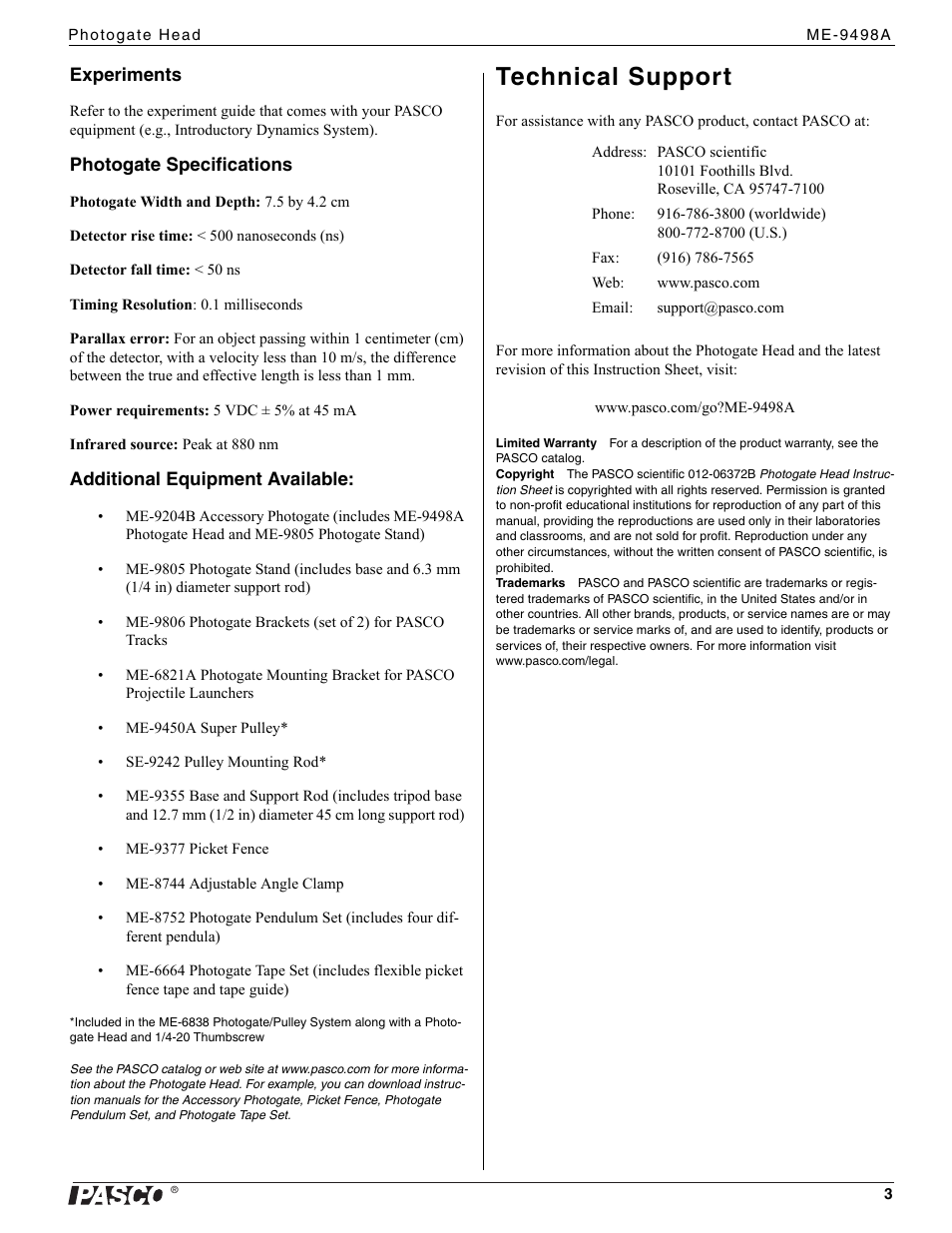Technical support | PASCO ME-9498A Photogate Head User Manual | Page 3 / 3